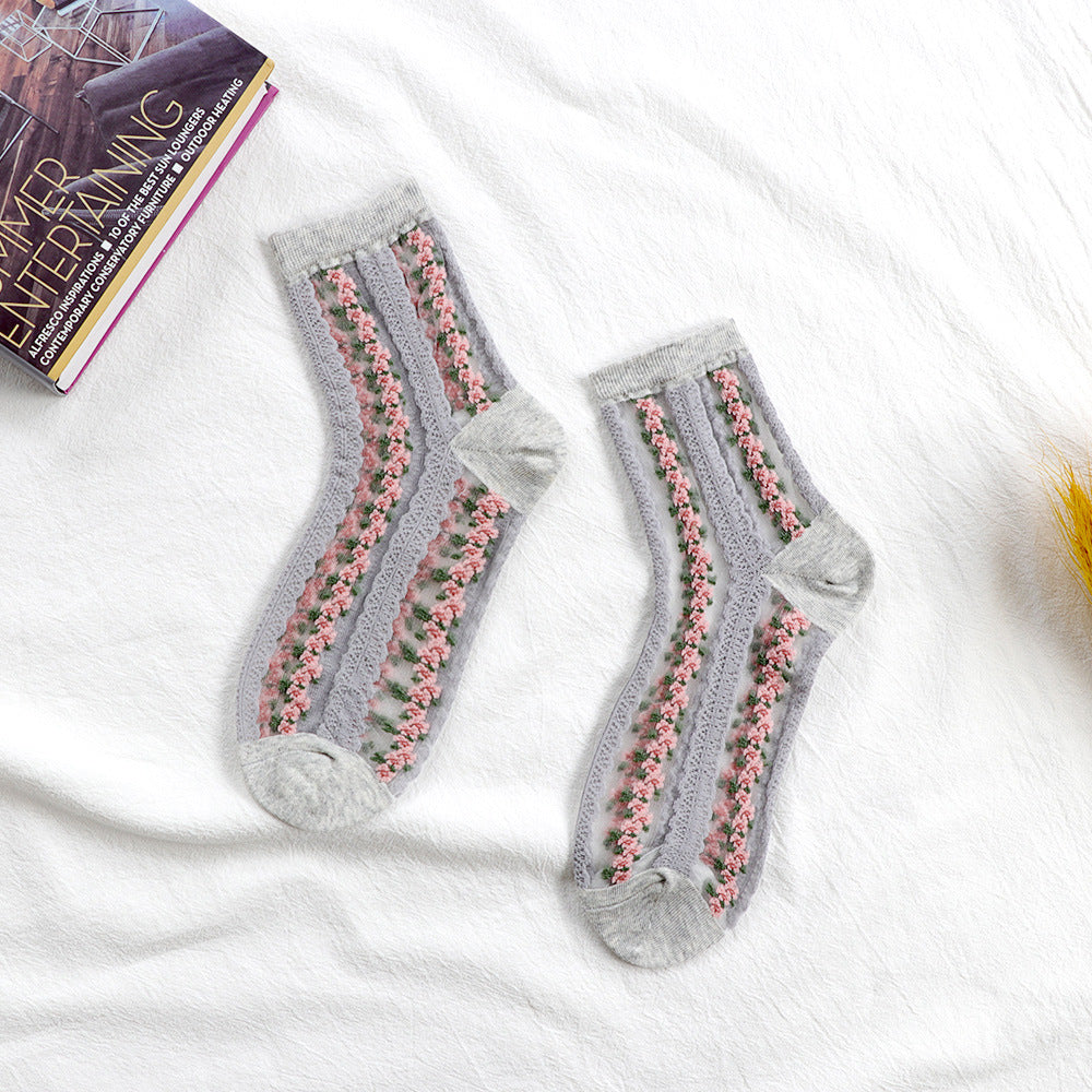 Women's Mid-calf Ins Fashionable Small Floral Transparent Spun Glass Summer Thin Stockings