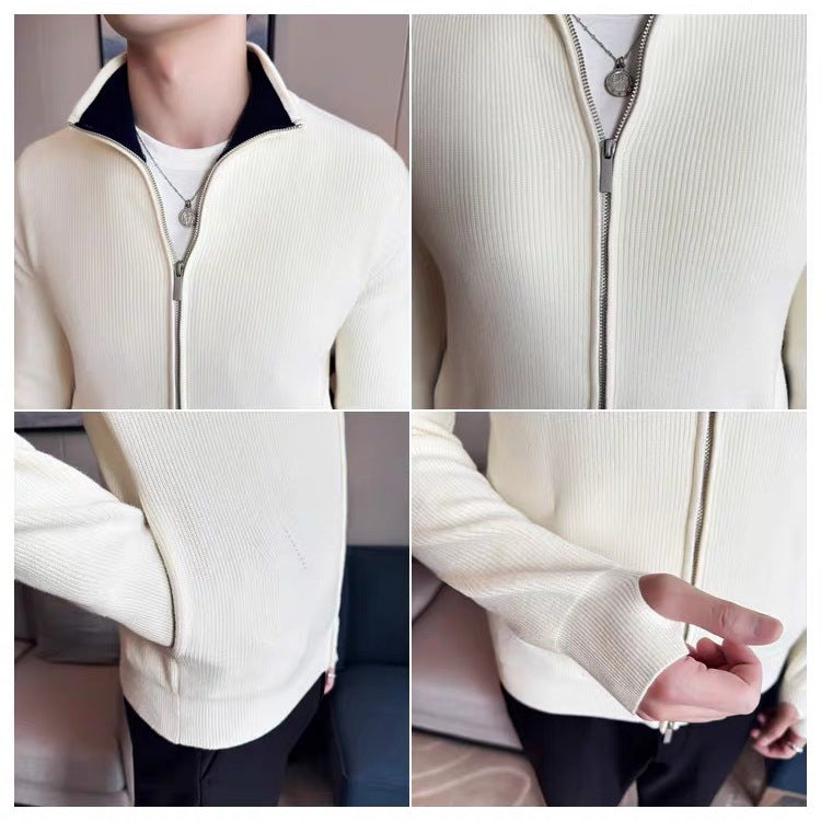 Cardigan Striped Thick Knitwear Autumn Winter Trend Slim Stand Collar Coat
