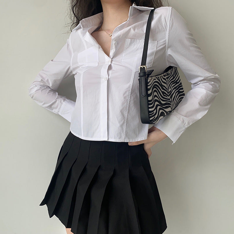 Women's Spring-Summer Top Lapel Long Sleeve White Shirt