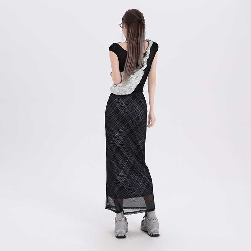 Plaid Stretch Tulle Straight Dress