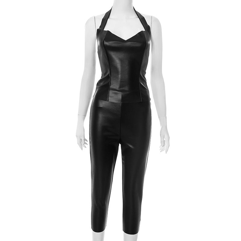 Womens Halter Neck V-Neck High-Cut Back Solid Color Slim-Fit Faux Leather Cropped Pants Set