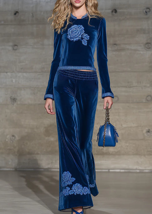 Classic Blue Round Neck Rose Embroidered Top And Flared Pants Set