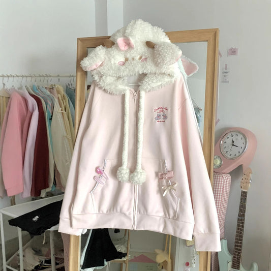 College Loose Little Lamb Wool Hooded Jacket