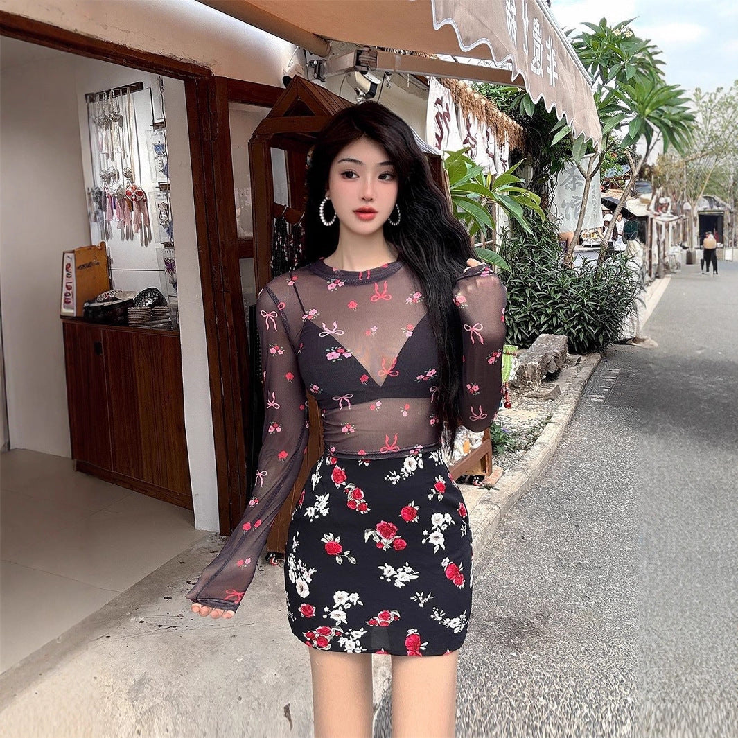 Sweet Cool Girl Dopamine Print Long Sleeve Mesh Top