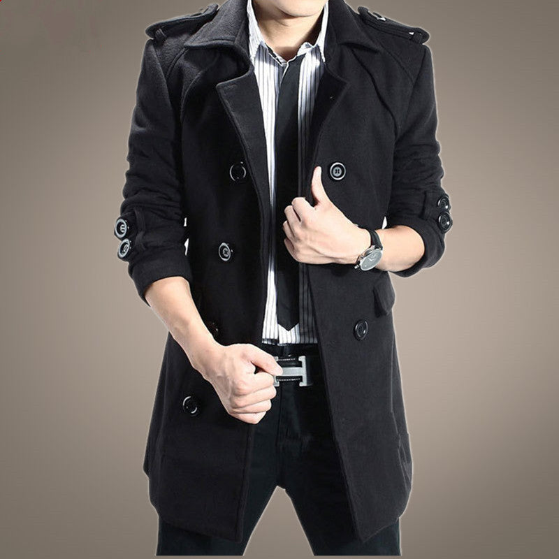 Men's double-breasted woolen trench coat