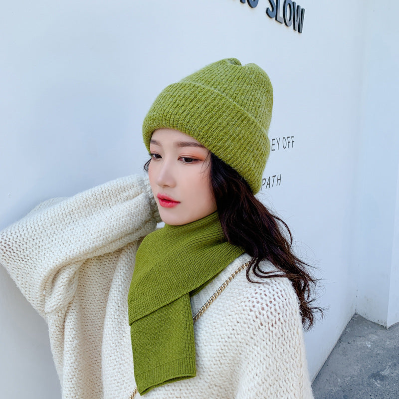 Rabbit fur thick warm woolen hat and scarf set