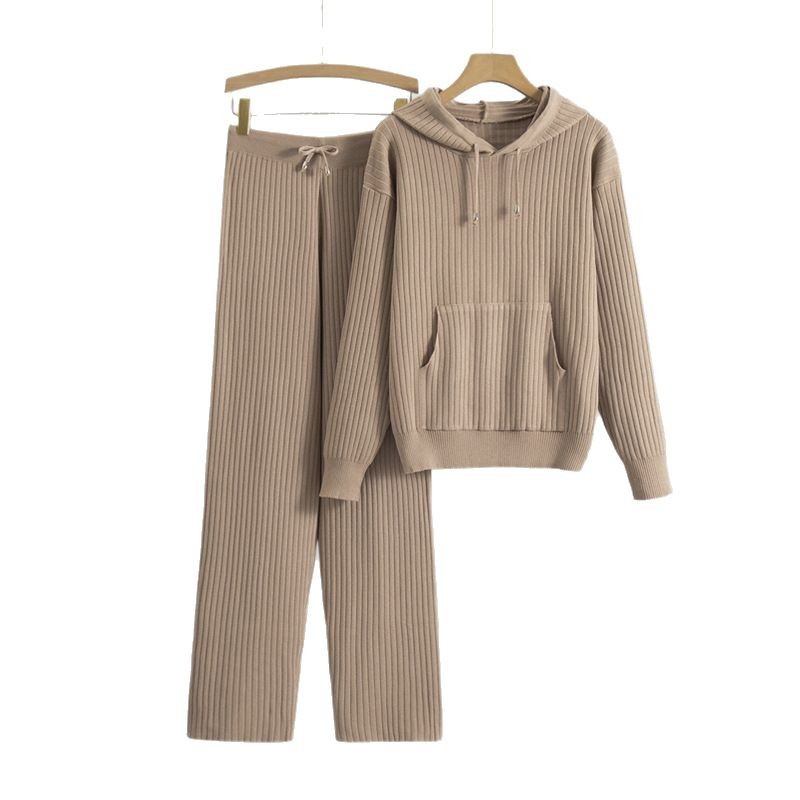 Hooded Knitted Sweater Set With Ribbed Detailing Casual Outfit