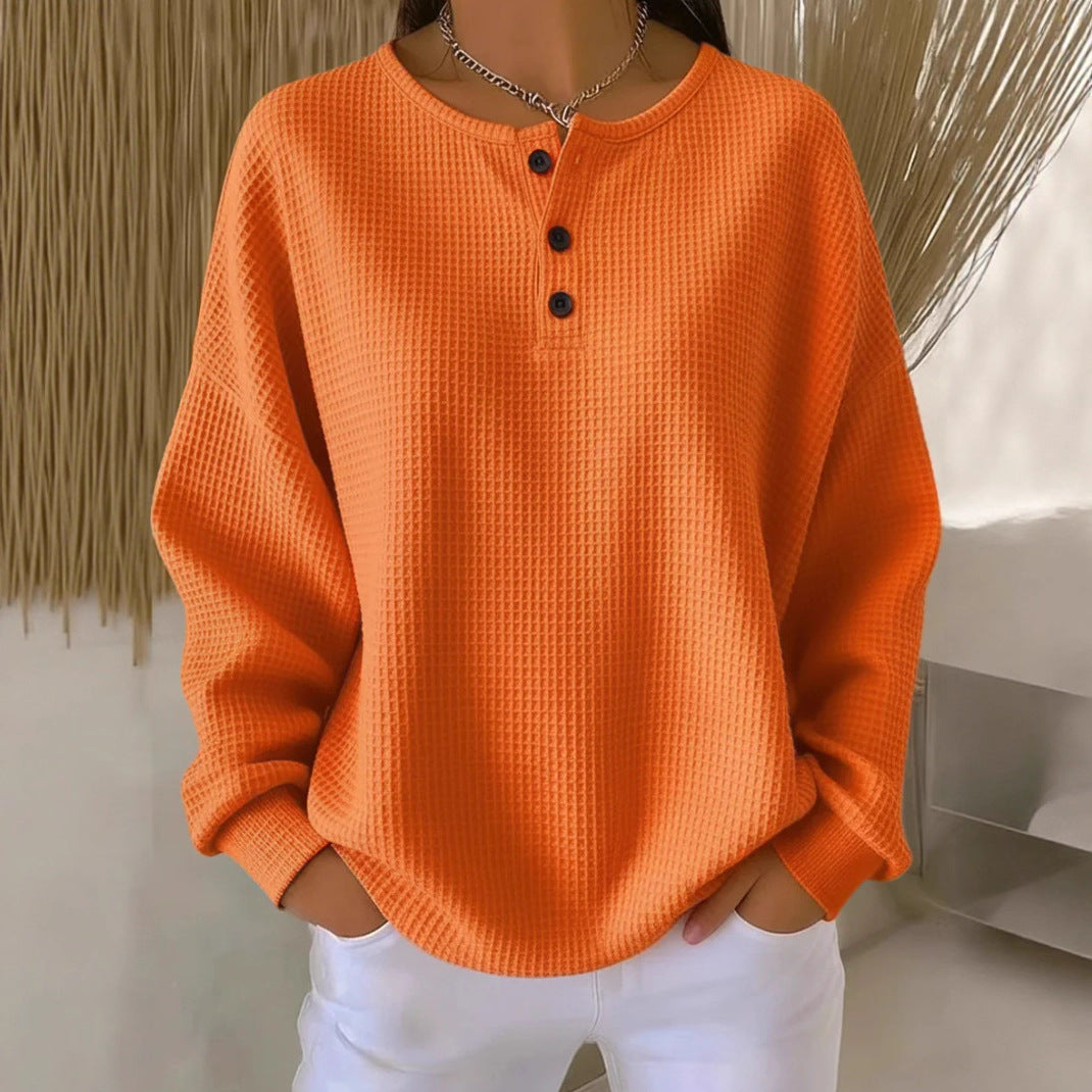 Ins Waffle Langærmet T-shirt Mode Ensfarvet Knapper Rund Hals Pullover Top Damebeklædning