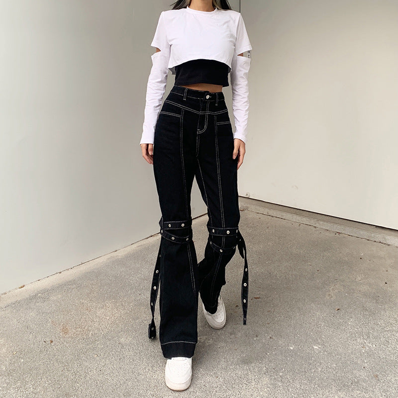 Lace-Up, High-Waisted, Thin, Casual Denim Pants