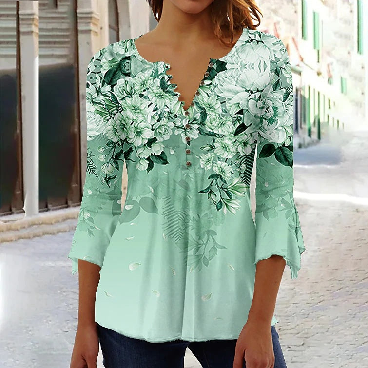 Bluse til kvinder med blomstret print, 3/4 ærmer, V-hals og knapper
