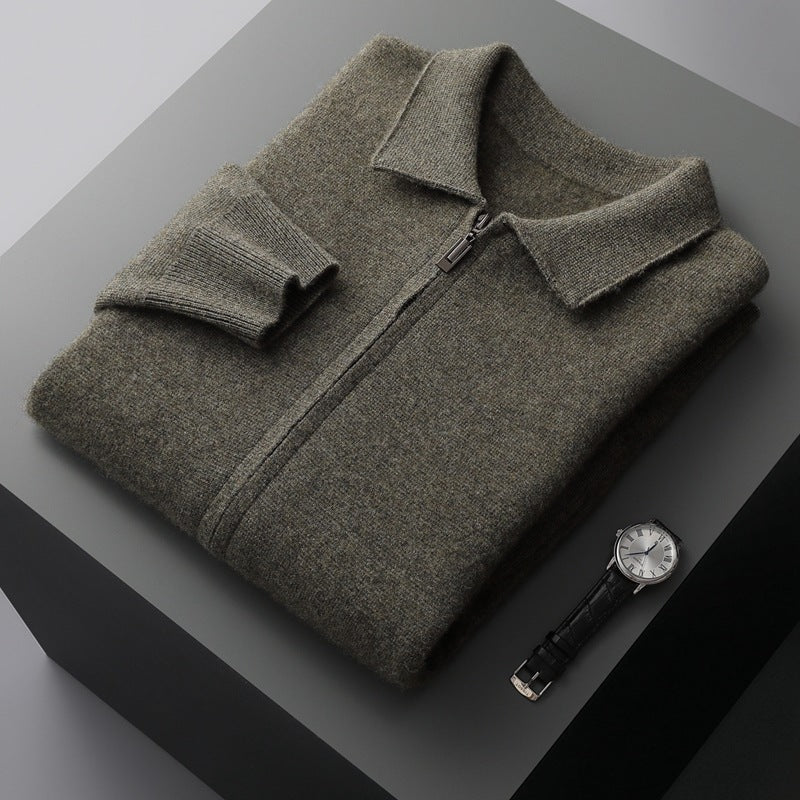 Pure Wool Cardigan Men's Knitted Turn-down Collar Coat