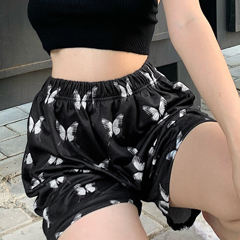 Butterfly print drawstring high waist shorts