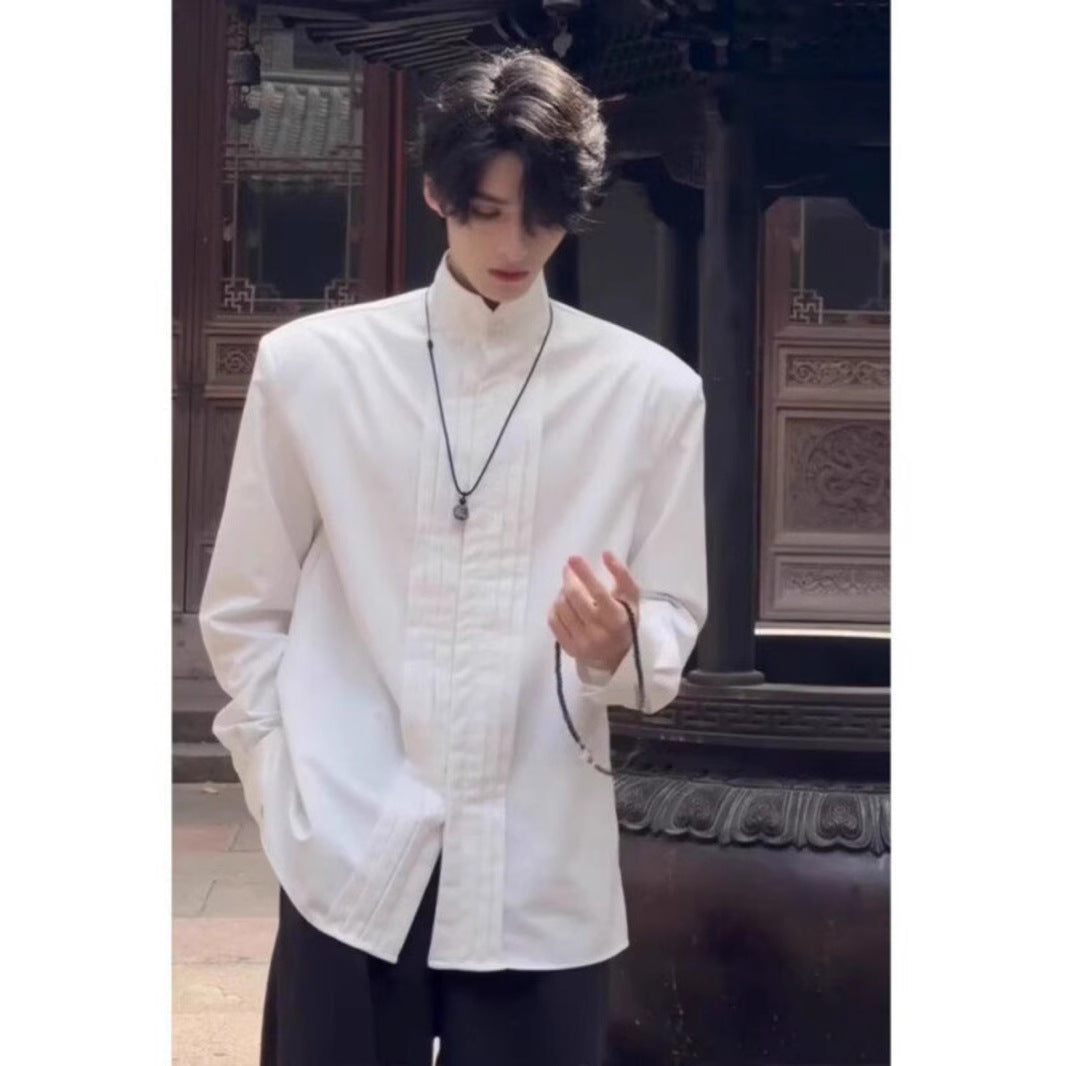 Mens New Chinese-Style Stand Collar White Shirt With A Sophisticated High-End National Style