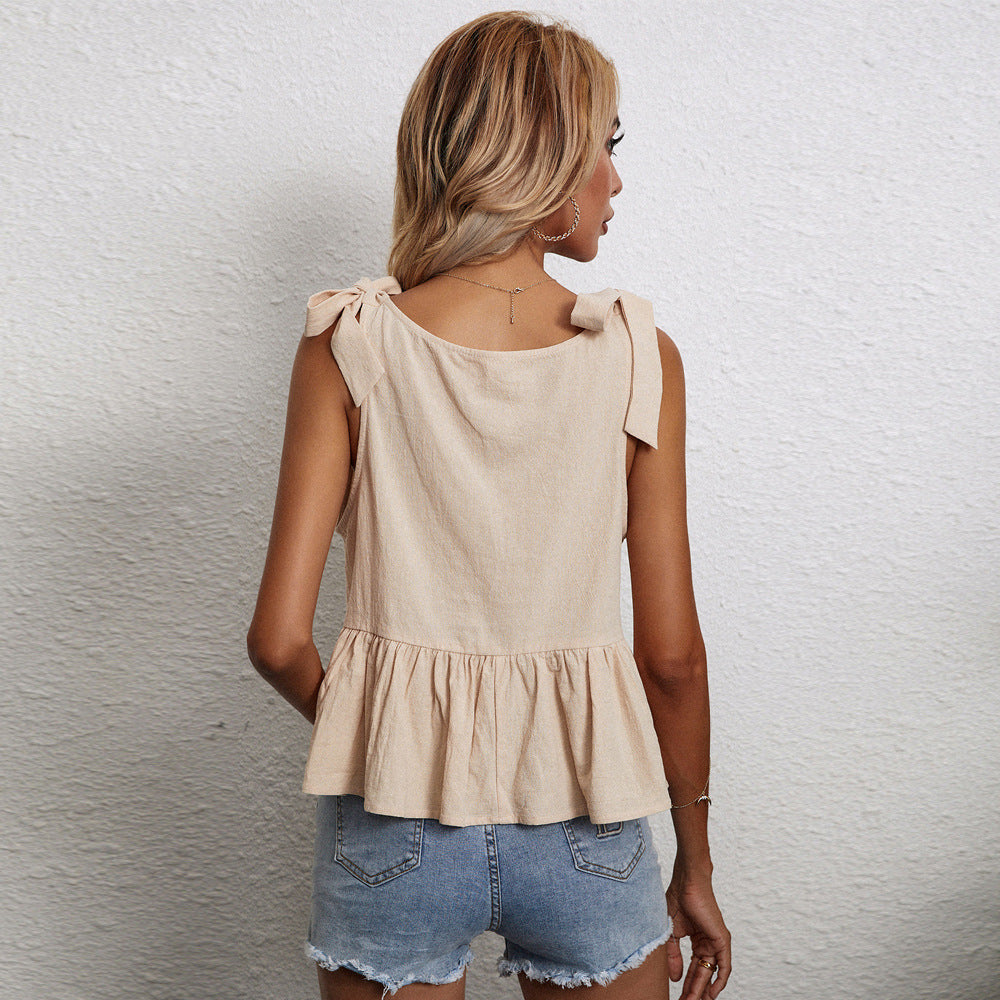 Women's Loose Versatile Tie-Waist Linen Straight Tube Sleeveless Vest Top