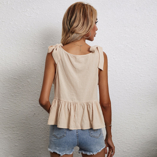 Women's Loose Versatile Tie-Waist Linen Straight Tube Sleeveless Vest Top