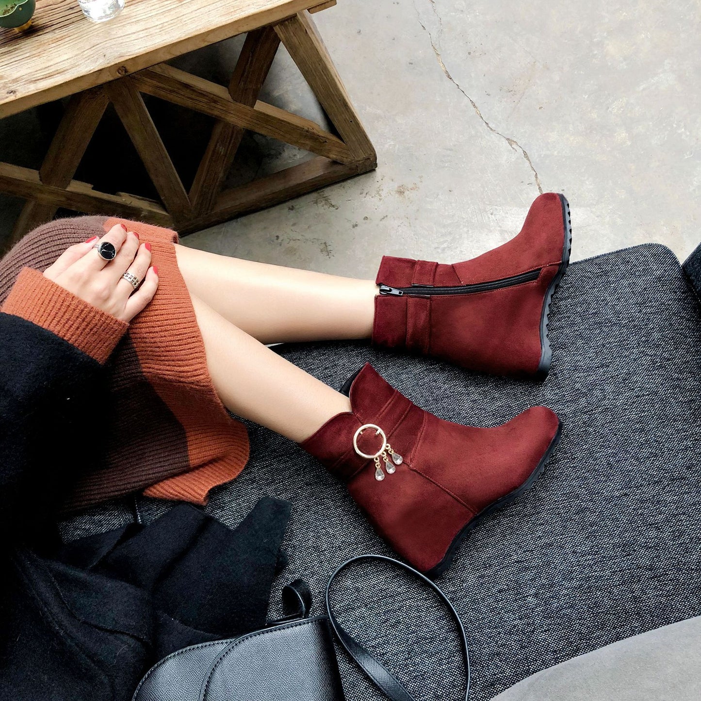 Fringed Round Toe Wedge Heel Winter Ladies Short Boots