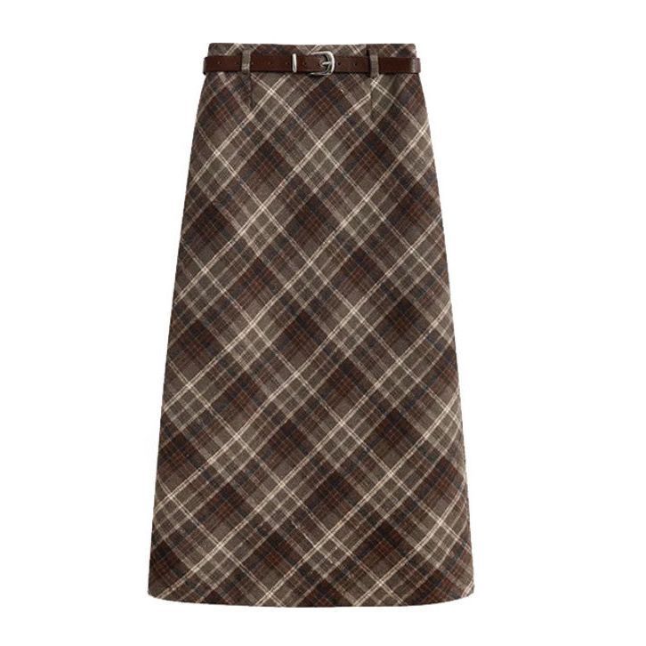 High Waist Mid-length Woolen Plaid Skirt For Women
