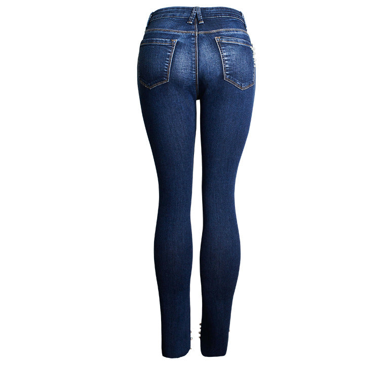 High-waist beaded stretch-through jeans