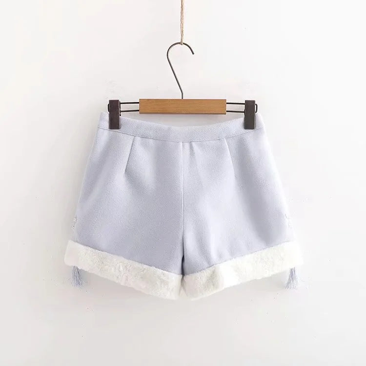 Haftowana bluza z kapturem z retro guzikami w kształcie dysku, wełniany komplet szortów