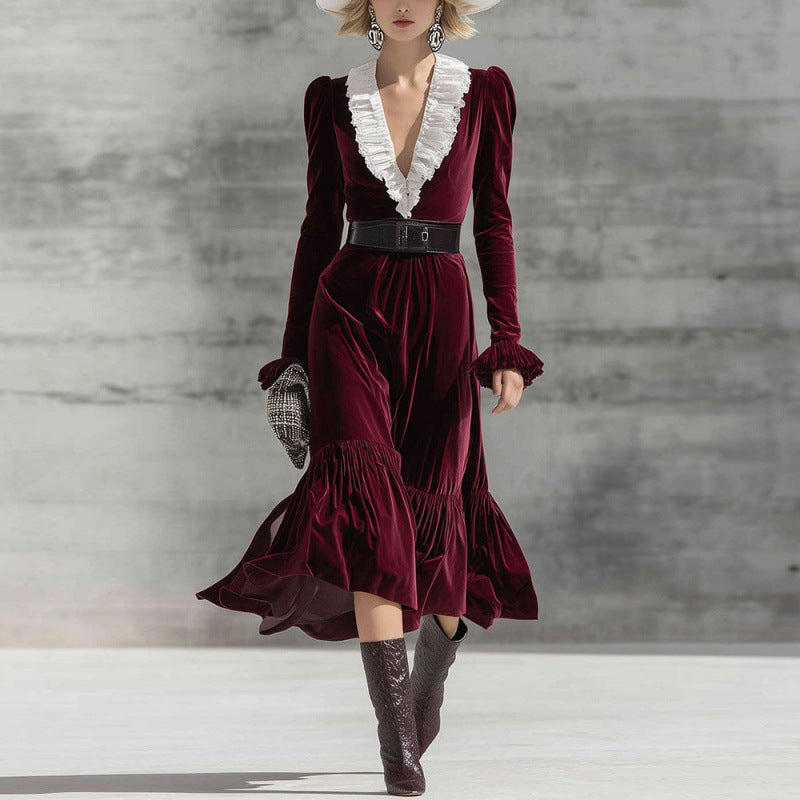 V-neck Contrast-Color Slim-Fit Elegant Long-Sleeve Mermaid Dress For Women