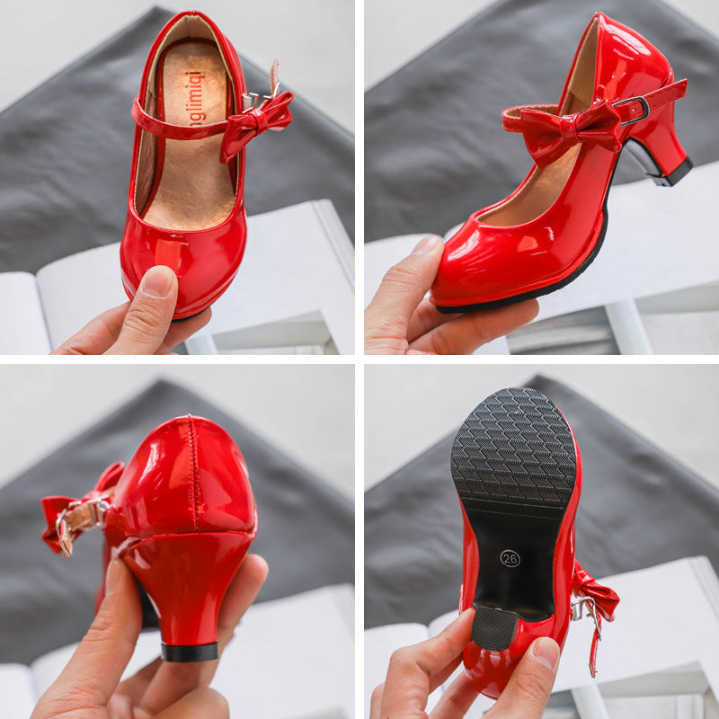 Fashion Girls' Solid Color High Heel Casual Leather Shoes