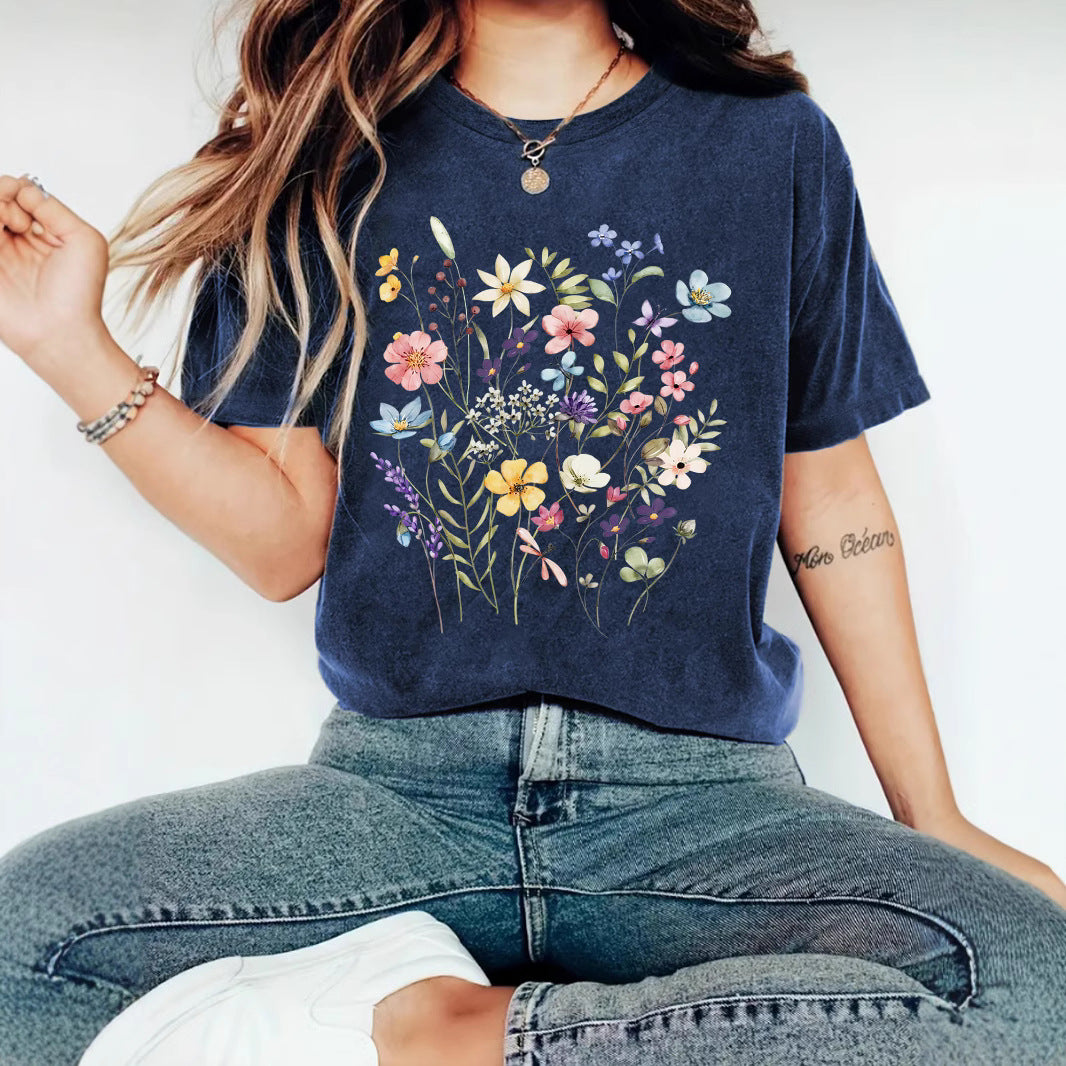 Elegant T-shirt With Floral Print, Women's Short-sleeve