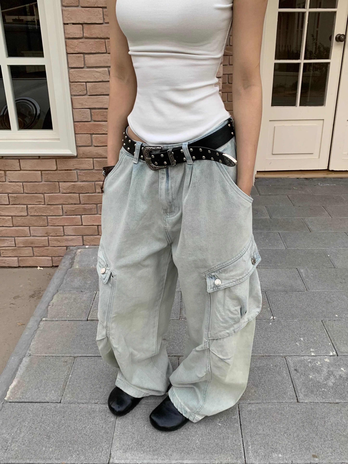 Retro arbejdstøj store lomme-jeans løse lige benbukser