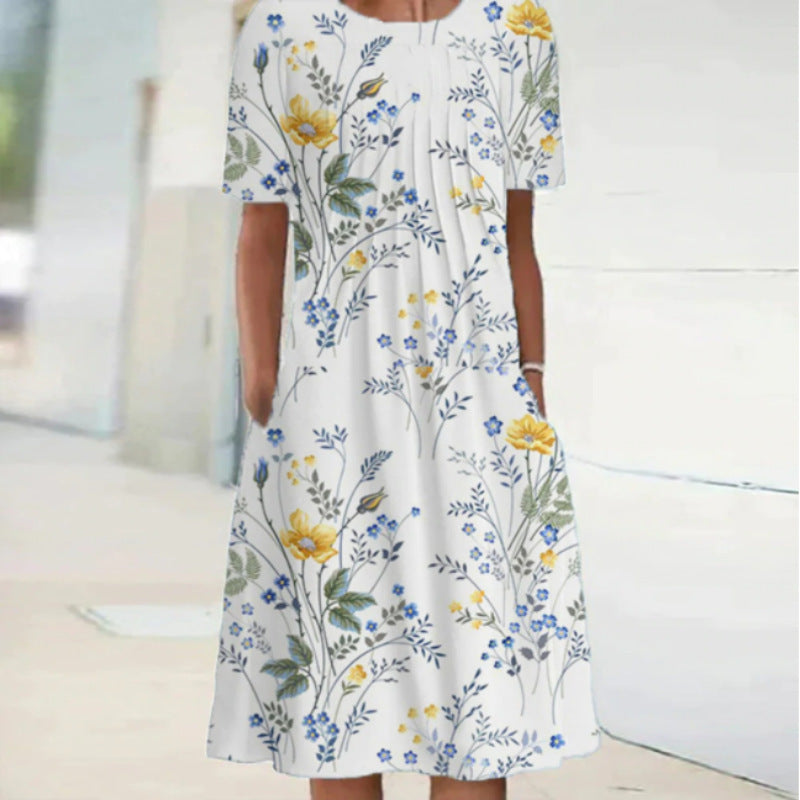 Spring And Summer Women's Elegant Large Swing Round Neck Printed Short Sleeve Dress