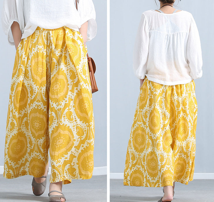 Womens Relaxed-fit Linen Wide-leg Capri Pants