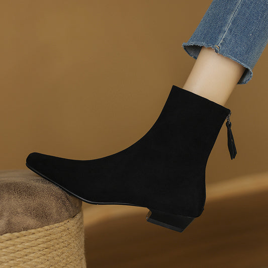 Womens Suede Leather Low-Heel Ankle Boots Genuine Leather Style Boots