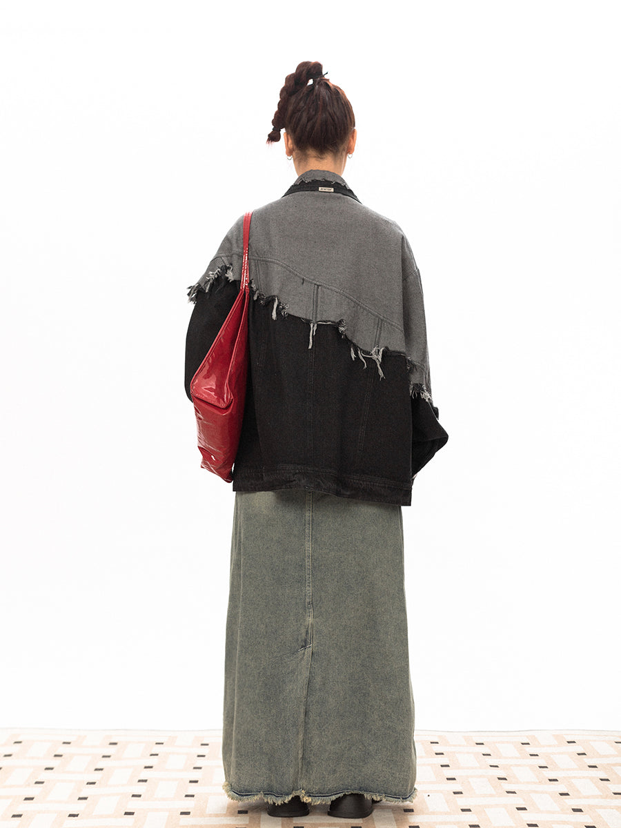 Stitching Design Contrast Color Damage Denim Coat