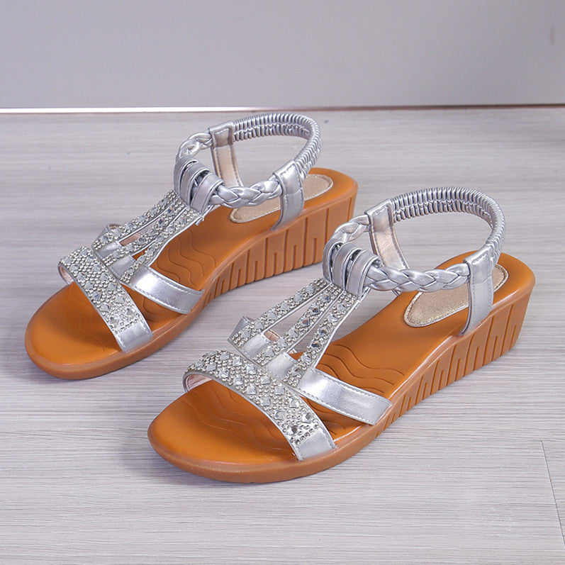 Women's Plus Size Rhinestone Peep Toe Wedge Sandals
