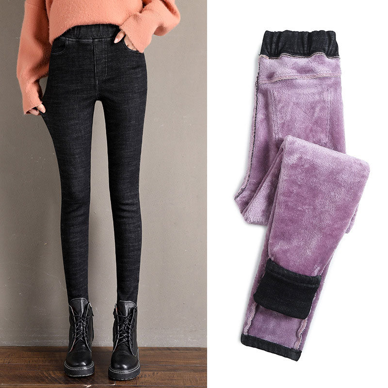 Elastiske højtaljede plus fleece-jeans
