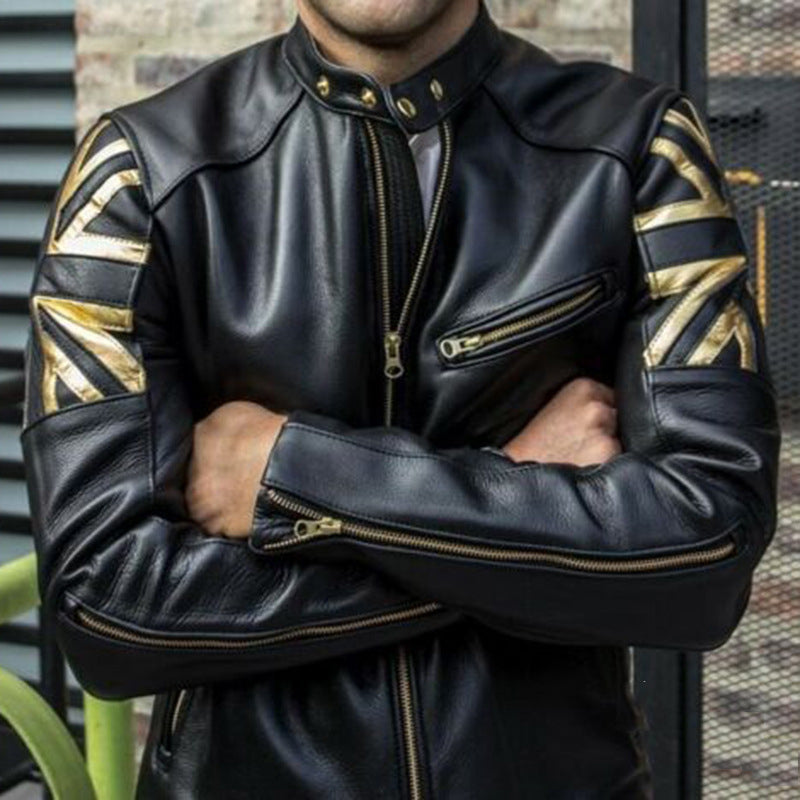 Solid color stand-up collar multi-zip fit PU leather jacket