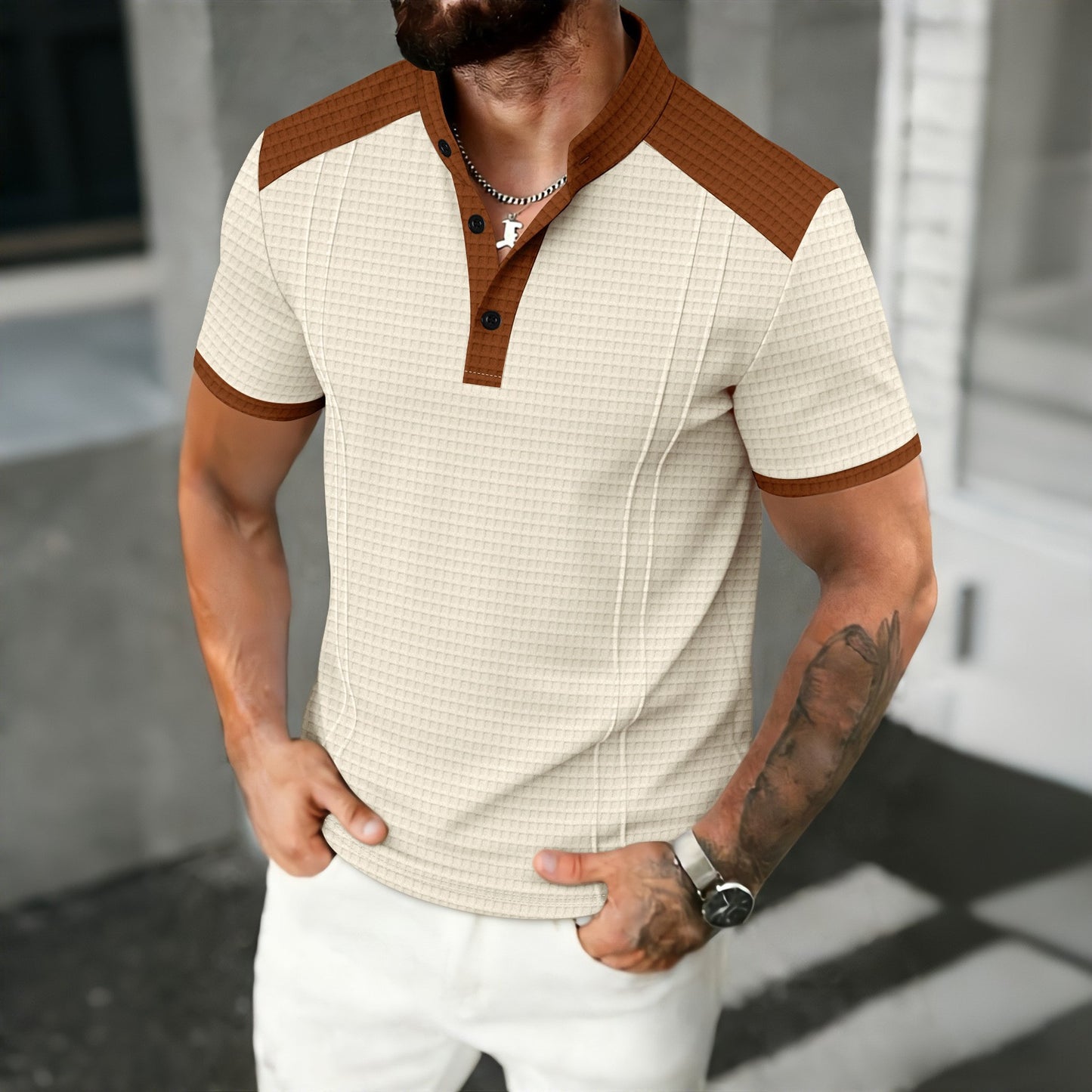 Men's Waffle-Weave Contrasting Color Short-Sleeve Casual Breathable Top