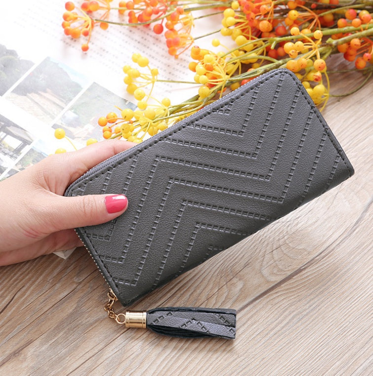 New women's wallet single pull fringed bag long zipper student bag clutch bag