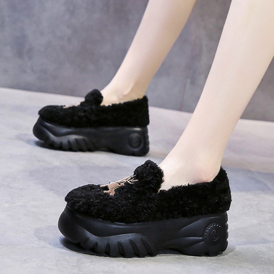 Winter Plus Velvet Inner-increasing Mid-heel Platform Women's Peas Shoes
