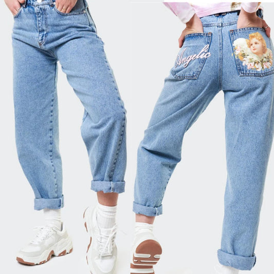 Female angel print loose and thin high waist all-match denim harem pants