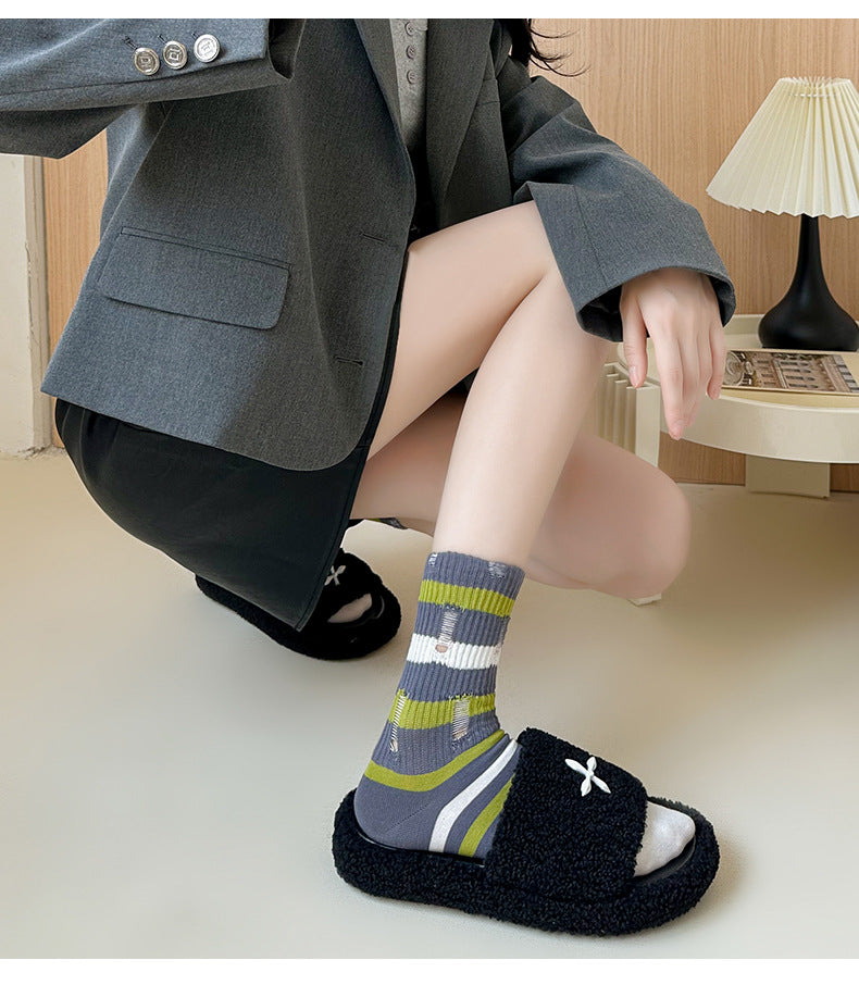 Ripped Beggar Socks Women Striped Bunching Socks