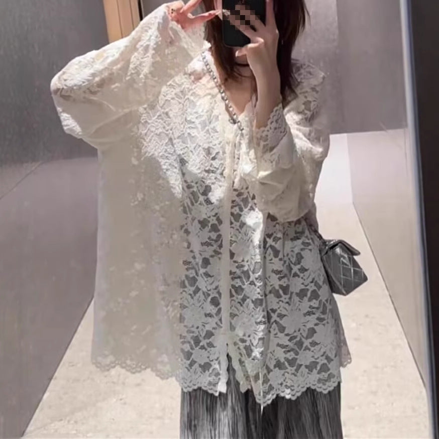 Womens V-neck Hollow-Out Crochet Long-Sleeve Lace Shirt