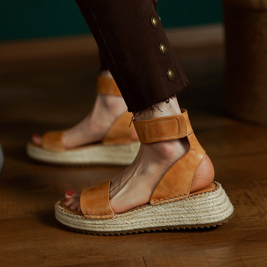 Womens All-leather Braided Vintage Flat Sandals With A Wedge Heel