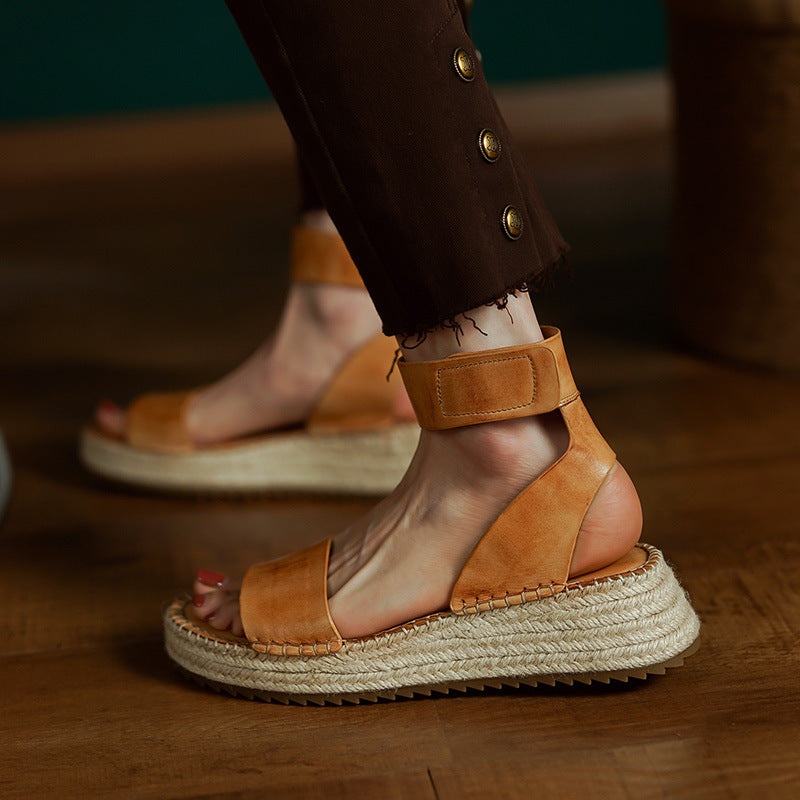 Womens All-leather Braided Vintage Flat Sandals With A Wedge Heel