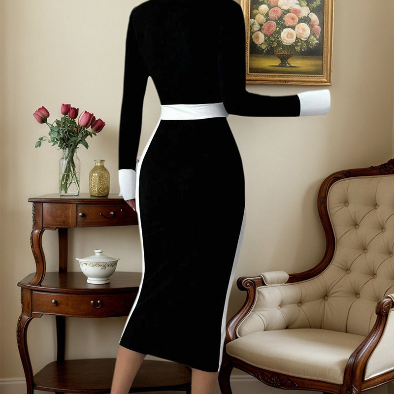 Womens Patchwork Color-Block Bodycon Skirt Dress
