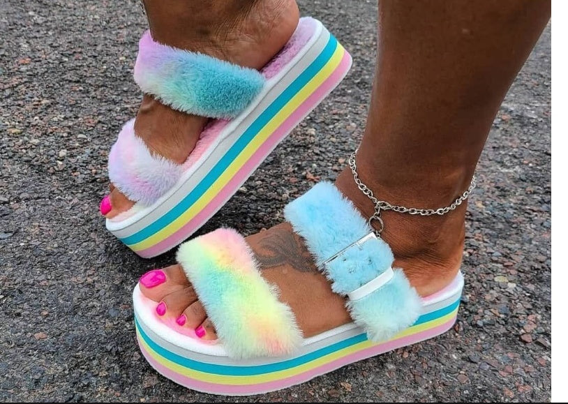 Thick Sponge Cake Colored Plush Medium Heel Warm Cotton Slippers