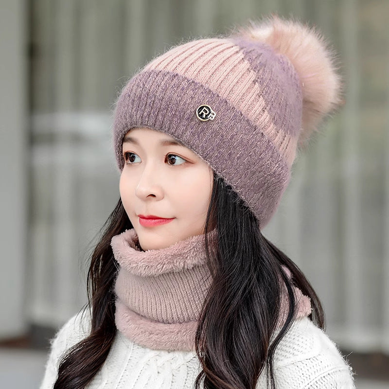 Cycling Warm With Velvet Cold-proof Women's Winter Cotton-padded Cap Scarf Set