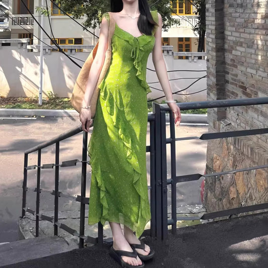 Floral Ruffle Trimmed V Neck Slip Dress For Women