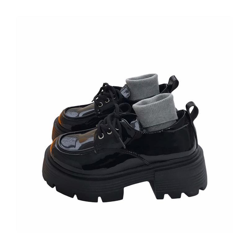 Women's Black Chunky Heel Raise The Bottom Versatile Leather Shoes