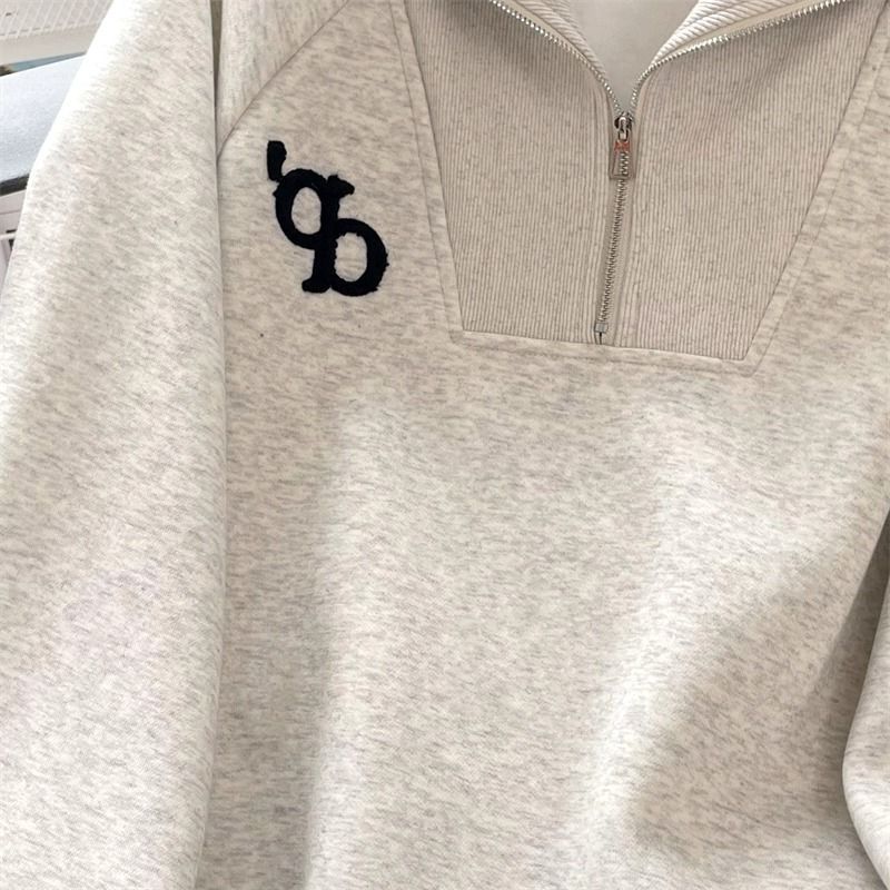 Løs Amerikansk Vintage Grå Revers-Sweatshirt Til Små Kvinder