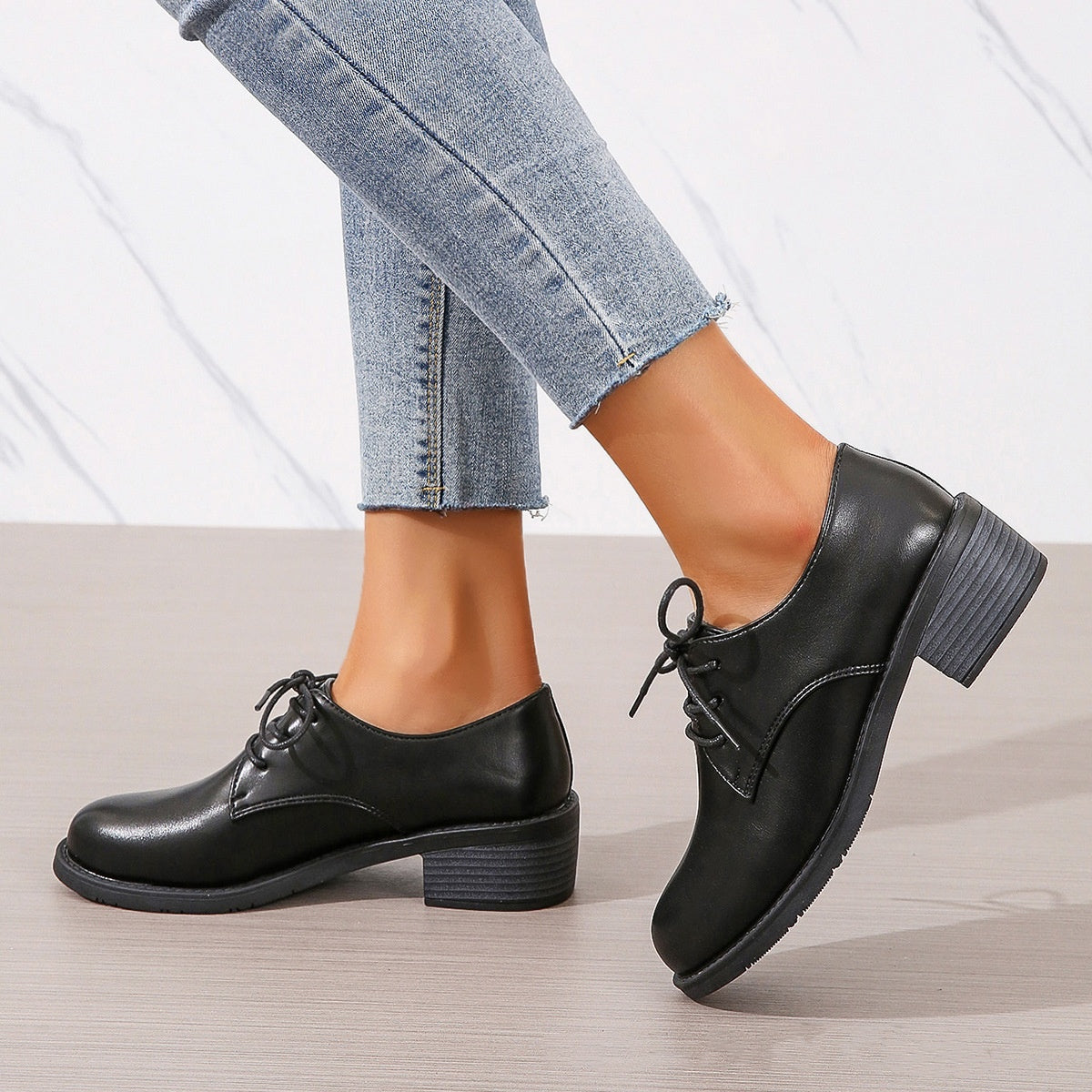 Work Black Professional Soft Sole Leather Thick Heel Women's Shoes