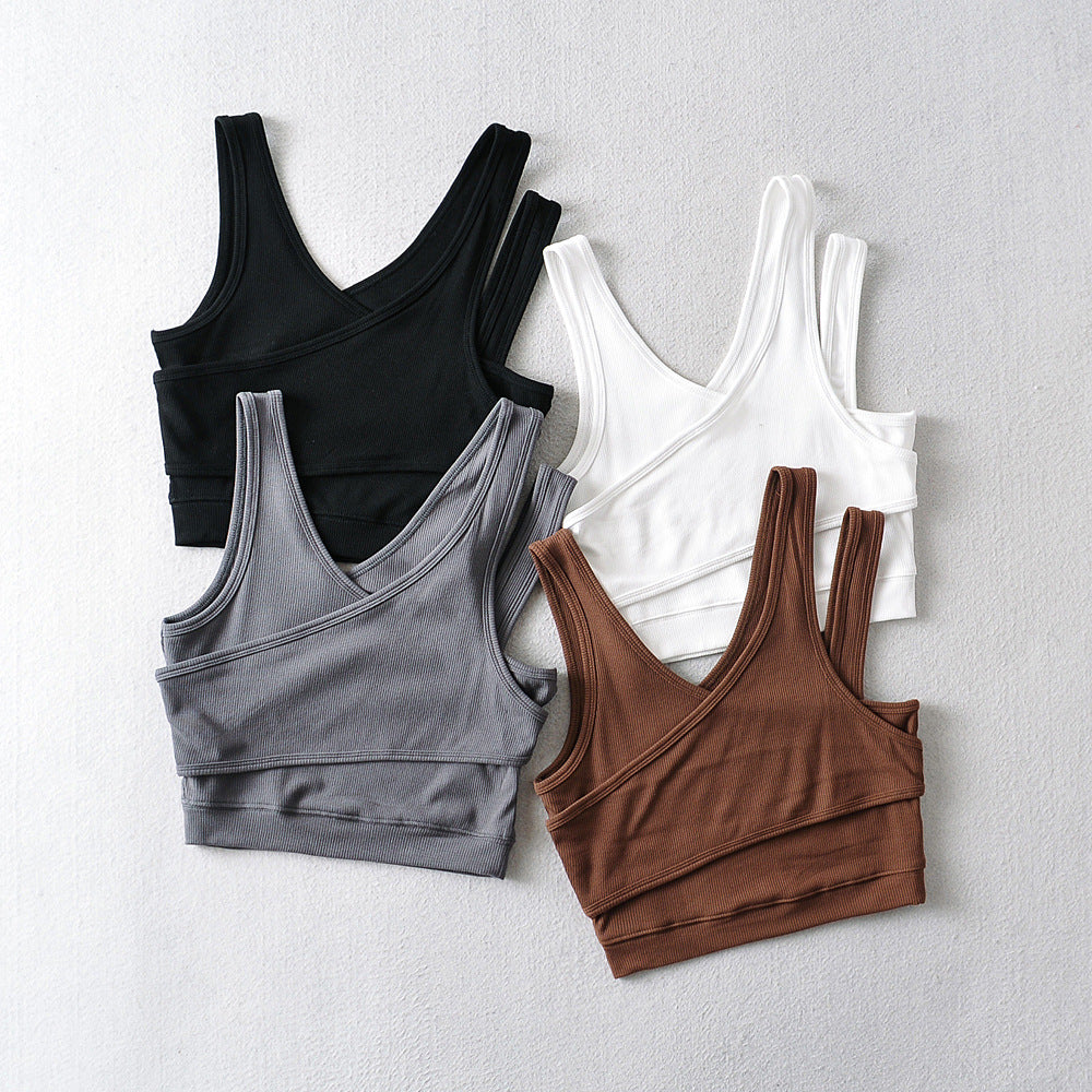 Solid False Two-piece Diagonal Shoulder Strap Short Vest
